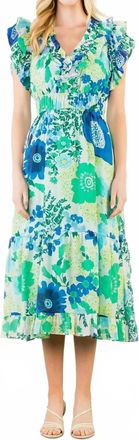 THML Clothing Flutter Sleeve Pattern Tiered Midi Dress In Blue And Green Floral