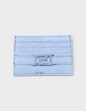 Versace Womens Logo Card Case Laminated Croco Silver Tone - Blue - Size: O/S