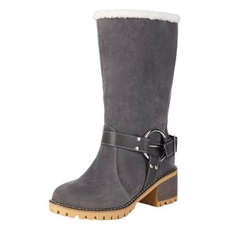 Generic Womens Retro Mid Calf Boots Round Toe High Block Heel Platform Slip On Design With Metal Detail Casual Pull On Shoes