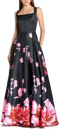 Mac Duggal Printed Satin Sleeveless Square Neck Ballgown in Black Multi at Nordstrom, Size 12