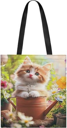 Generic Cute Cat Sitting in Flower Pots Womens Tote Casual Shopping Bag Lightweight Shoulder Bags Hobos Handbag for Work Travel Daily 35x40cm