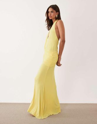 Asos Vestito lungo allacciato al collo color limone con fascia drappeggiata-Giallo