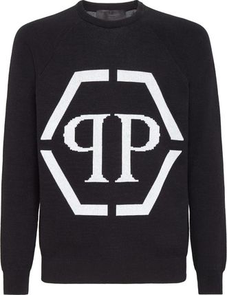 Philipp Plein Cotton Pullover Round Neck LS - Heren - Ronde hals truien - Zwart - 4XL - Katoen - Truien & Vesten