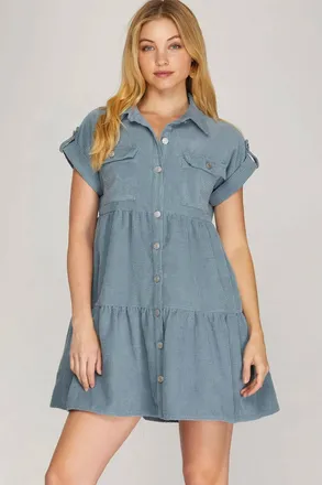She + Sky Button Down Corduroy Dress In Dusty Blue