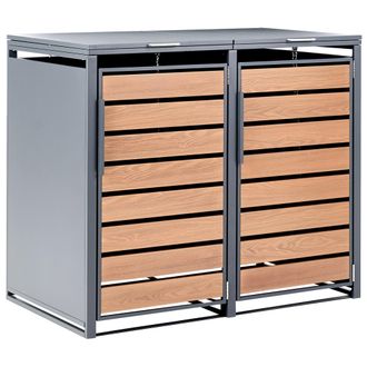 Beliani Cobertizo Doble De Metal Para Cubos De Basura De 480 Litros Exterior Apertura Superior Con Cadena Acabado Imitaci&oacute;n Madera Acero Galvanizado Gris Oscu