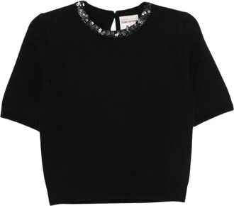 Semicouture Gebreide top met ronde hals en pailletten - Dames - Ronde hals truien - Zwart - S - Pailletten - Truien & Vesten