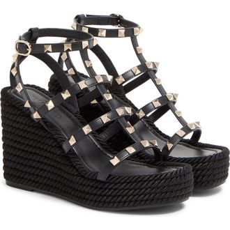 Valentino Garavani Rockstud Ankle Strap Wedge Sandal in Black at Nordstrom, Size 11Us