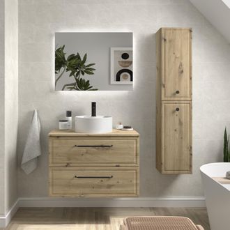 Cygnus Bath Mueble De Ba&ntilde;o Runa 80cm Roble 2 Cajones Lavabo Sobre Encimera 1 Poza Porcelana