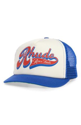 Rhude Pit Stop Twill Trucker Hat in White /Blue /Red at Nordstrom
