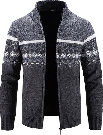 Generic MenS Winter Knit Cardigan, MenS Zip-Up Fleece-Lined Sweater, MenS Warm Fair Isle Pattern Jacket, MenS Thick Thermal Knitted Outerwear, MenS Cozy Full-