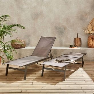 Sweeek Set Of 2 Multi-position Deckchairs Textilene & Steel in Brown