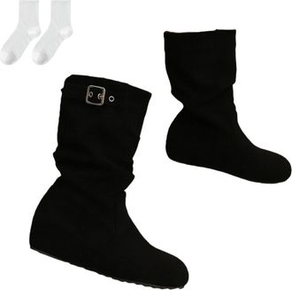 Generic Womens Slouch Boots with Wedge Heel, Fashionable Suede-Look Mid-Calf Boots with Buckle Detail And Non-Slip Sole, Comfortable Ankle Boots for Autumn An