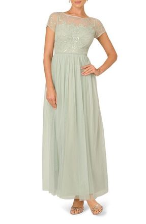 Adrianna Papell Beaded Mesh Chiffon Gown in Icy Sage at Nordstrom, Size 18