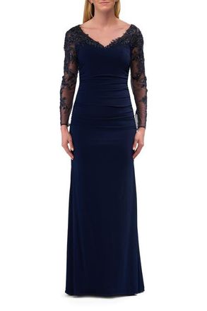 La Femme Elegant Evening Jersey Dress with Illusion Lace Sleeves in Navy at Nordstrom, Size 10