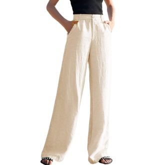 Generic ZOIASW Wide Leg Trousers Womens Casual Linen Trousers Womens Casual High Waisted Wide Leg Pants Button Up Straight Leg Trousers Beige