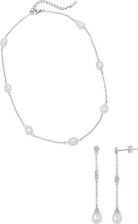 Adornia Freshwater Pearl Station Necklace & Drop Earrings Set in Rhodium/Freshwater Pearl at Nordstrom Rack