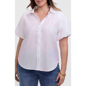 Foxcroft Paula Puff Sleeve Cotton Blend Button-Up Shirt in White at Nordstrom, Size 3X