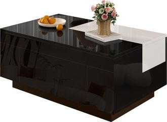 STILVORA Mesa De Centro Con Tablero Deslizante, Caj&oacute;n Y Led Bluetooth 16 Colores, Brillo Negro, En Mdf, Negro Y Blanco