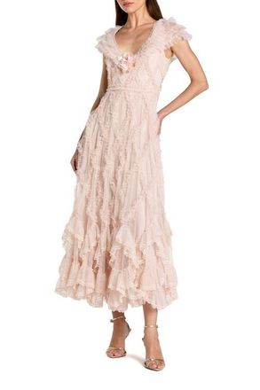 Mac Duggal Micro Ruffle Cap Sleeve A-Line Midi Dress in Blush at Nordstrom, Size 12