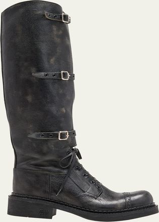 Miu Miu Antic Buckle Distressed Leather Knee-High Boots