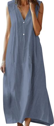Generic Maxi Dresses for Women UK Button V Neck Casual Loose Sleeveless Dress Ladies Summer Dress Beach Dresses and Cover ups Navy Plus Size 14 16 18 20 22 24