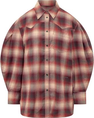 Ganni Flanellen geruite blouse met plooimouwen - Dames - Overhemden - Rood - XS - Katoen - Overhemden