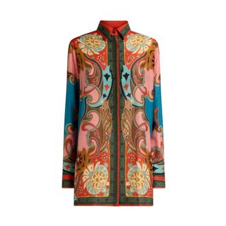 Etro Etro, Shirts, female, Multicolor, Size: S Long Cotton and Silk Shirt with Placed Print
