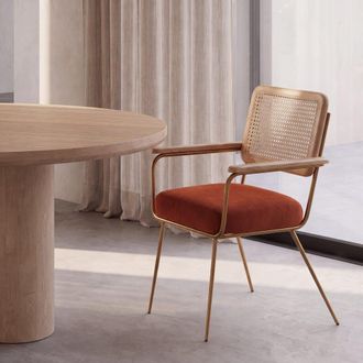 Maisons du monde Silla de comedor de rejilla de rat&aacute;n y terciopelo naranja