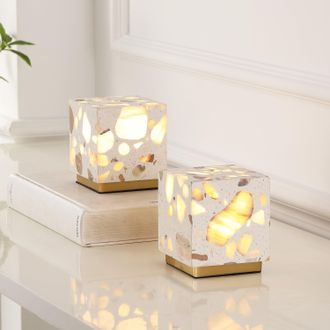Jonathan Y Designs Lara 4.63 Modern Glam Terrazzo Rechargeable/Cordless Dimmable Integrated LED Mini Table Lamp with Touch Sensor, Ivory/Brass Gold (Set of 2)