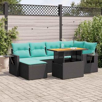 vidaXL Vidaxl Set De Sof&aacute;s De Jard&iacute;n 7 Pzas Con Cojines Rat&aacute;n Sint&eacute;tico Negro