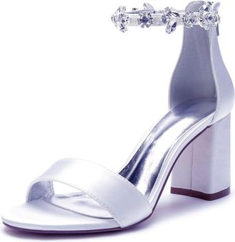 Generic Womens Block Heel Sandals Ankle Strap Chunky Heel Bridal Crystal Wedding Dress Shoes Wedding Heel Comfortable High Sandals 8Cm,White,10 UK