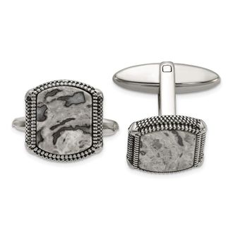 Diamond2Deal Stainless Steel Antiqued and Polished Jasper Cuff Links