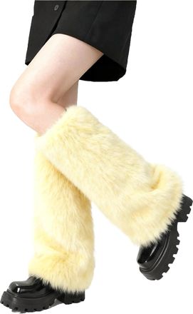 Lina & Lily Womens Winter Faux Fur Leg Warmers Boot Cuffs Covers 40cm Long (Light Yellow)