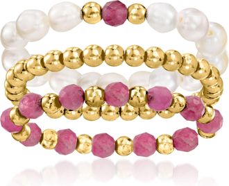 Ross-Simons 3-4mm Cultured Pearl and 3-3.5mm Pink Tourmaline Bead Jewelry Set: 3 Stretch Rings With 10kt Yellow Gold. Large (9-10)