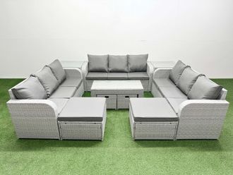Fimous PE Rattan 3 Seater Sofa Set with Oblong Coffee Table 2 Side Tables in Light Grey