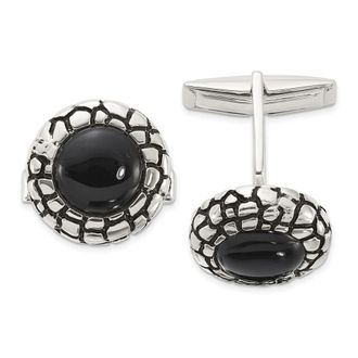Diamond2Deal Sterling Silver Polished Round Onyx with Enamel Cuff Links