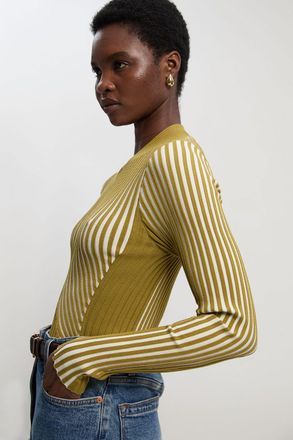 Karen Millen Womens Stripe Fitted Long Sleeve Knitted Top - Green Polyamide - Size X-Small