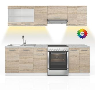 Vicco Cucina componibile Raul, Sonoma, 240 cm, pl Marmo con striscia led