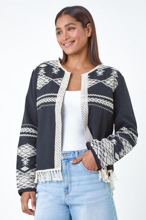 Roman Cotton Blend Aztec Fringe Detail Jacket