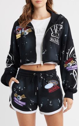 Von Dutch Full Zip Cropped Hoodie in Jet Black Spray Wash at Nordstrom, Size Large