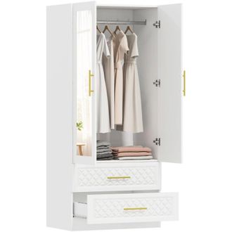 HOMCOM Homcom Armario Dormitorio 2 Puertas Y 2 Cajones, Armario Ropero Con Espejo, Relieve De Diamante, Barra Para Colgar, 80x50x180 Cm, Blanco