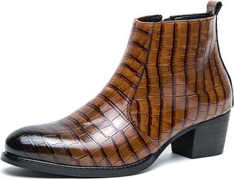 Generic Mens Patent Leather Print Business Chelsea Boots with Side Zipper, Retro Pointed Toe Low Chunky Heel Non-Slip Formal Short Boot for Business Work Part