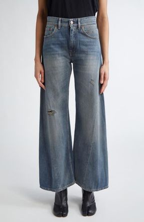 Maison Margiela Distressed Wide Leg Jeans in Grey Blue at Nordstrom, Size 27