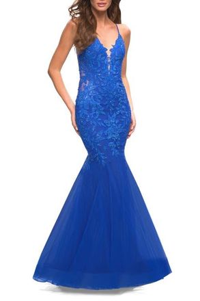 La Femme Mermaid Tulle and Lace Jeweled Prom Dress in Royal Blue at Nordstrom, Size 12