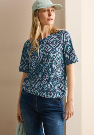 Cecil T-Shirt CECIL, Damen, Gr. S (38), blau (universal blau), Jersey, Obermaterial: 65% Polyester, 35% Viskose, bedruckt, tailliert taillenbedeckt, Rundhal