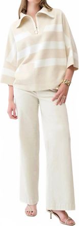 Joseph Ribkoff Striped Zip Collar Boxy Sweater Top In Birch Melange/winter White