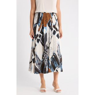 Adrianna Papell Palm Print Pleat Midi Skirt in Blue Diamond Tiki at Nordstrom Rack, Size X-Small