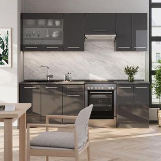 Vicco Mueble De Cocina Fame-line, Antracita Alto Brillo, 240 Cm Sin Encimera, Vicco