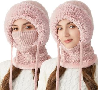 Generic 3 in 1 Beanie Hat with Scarf and Mask, Winter Warm Knitted Cap with Neck Warmer for Women, Knitted Ski Scarf and Mask Set (Pink)