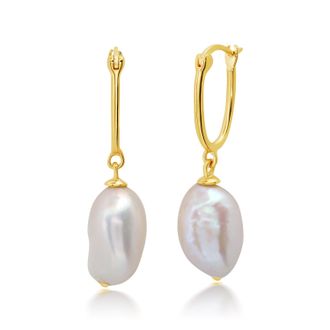 MAX + STONE 18K Yellow Gold Over Sterling Silver Vermeil Freshwater Cultured Pearl Hoops (11x14MM)